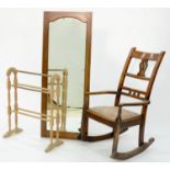 A VICTORIAN MAHOGANY ROCKING CHAIR, AN INLAID MAHOGANY MIRROR, 139CM H AND A TOWEL RAIL