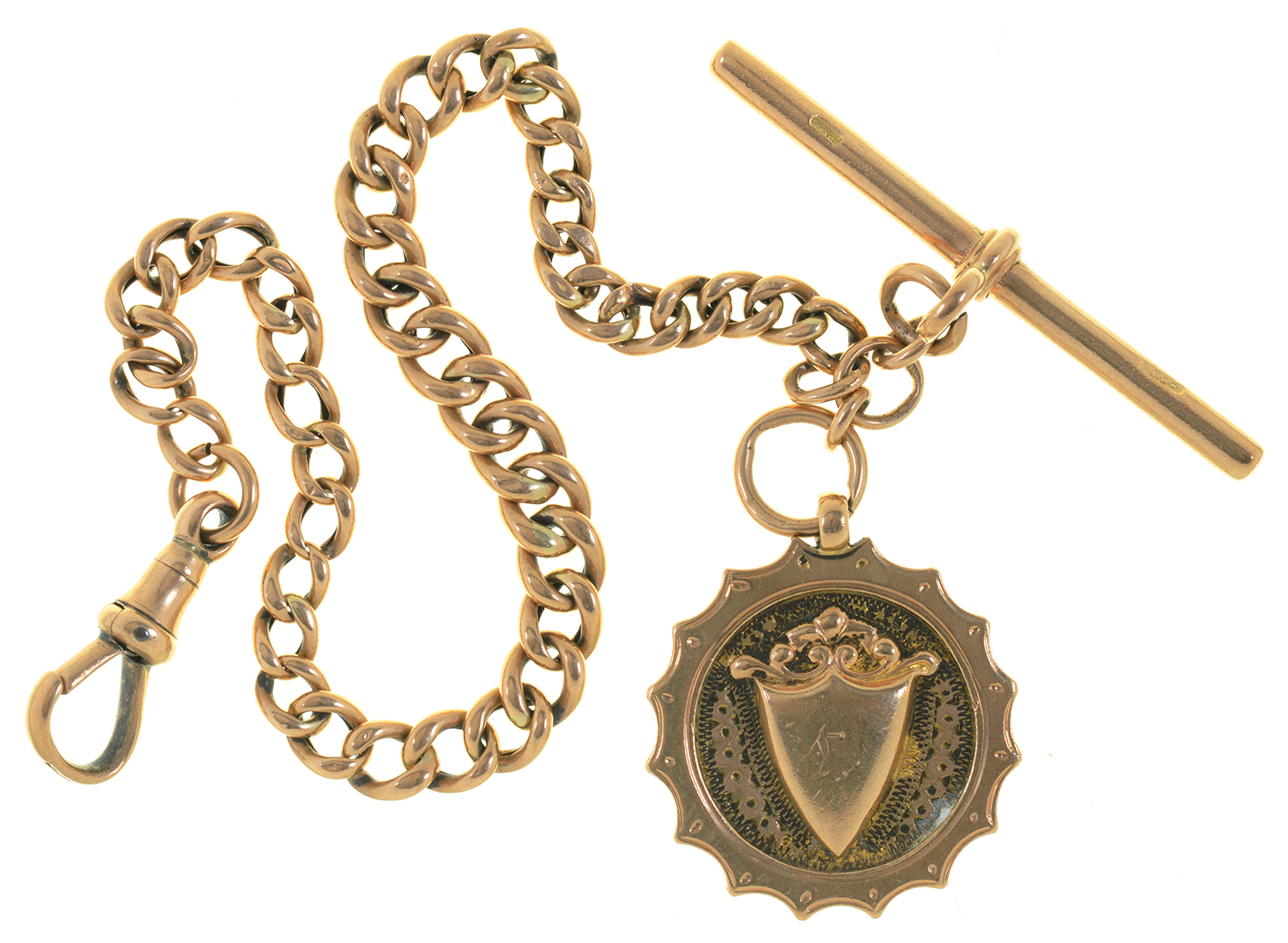 A GOLD ALBERT, MARKED 9CT AND A 9CT GOLD FOB SHIELD, CHESTER 1924, 16G