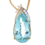 AN AQUAMARINE AND DIAMOND PENDANT, THE PEAR SHAPED AQUAMARINE 37CT APPROX, IN GOLD MARKED 750, ON