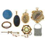 A 9CT GOLD LOCKET SET WITH LABRADORITE AND MOTHER OF PEARL, A VICTORIAN PEARL SET BAR BROOCH IN GOLD