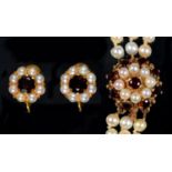 A TRIPLE ROW CULTURED PEARL BRACELET WITH GARNET AND PEARL CLASP IN GOLD MARKED 9CT AND A PAIR OF