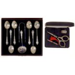 A SET OF SIX VICTORIAN SILVER SPOONS, A PAIR OF SUGAR BOWS AND A SIFTER, BIRMINGHAM 1900, CASED