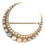 A  VICTORIAN DIAMOND, SPLIT PEARL AND GOLD CRESCENT BROOCH, ENGRAVED J.W.D. 17TH SEPT 1899, 3CM, 8G