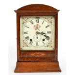 AN OAK MANTEL CLOCK WITH PAINTED DIAL AND WINTERHALDER AND HOFFMEIER TIMEPIECE - ALARM MOVEMENT,