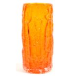 A WHITEFRIARS TEXTURED TANGERINE GLASS CYLINDRICAL VASE DESIGNED BY GEOFFREY BAXTER, 22.5CM H,