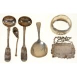 MISCELLANEOUS SILVER ARTICLES, INCLUDING DECANTER LABEL, CADDY SPOON, ETC, VICTORIAN AND LATER,