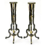 A PAIR OF 19TH C GILTMETAL MOUNTED AND EBONISED TORCHERES, 89CM H