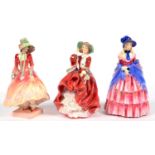 THREE ROYAL DOULTON BONE CHINA FIGURES OF YOUNG LADIES, 19CM H AND CIRCA, PRINTED MARKS