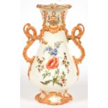 A STAFFORDSHIRE PORCELAIN POT POURRI VASE OF BALUSTER SHAPE WITH RETICULATED NECK AND SCROLLED