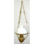 A LATE VICTORIAN BRASS HANGING OIL LAMP WITH WHITE GLASS SHADE, 35CM D