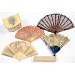 FOUR VARIOUS LACE, SEQUIN AND OTHER FANS, ONE WITH CARVED AND GILT BONE STICKS, LATE 19TH C AND
