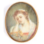 ENGLISH SCHOOL, 19TH C, PORTRAIT MINIATURE OF A DISCONSOLATE YOUNG WOMAN, IVORY, OVAL, 5 X 4CM,