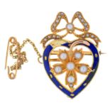 A VICTORIAN SPLIT PEARL AND BLUE GUILLOCHE ENAMEL HEART BROOCH, UNMARKED, 3 CM L APPROX, 6.5G