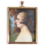 BRITISH SCHOOL, PORTRAIT MINIATURE OF A LADY IN PROFILE BEFORE TREES, IVORY, 6 X 4.5CM, GILTMETAL