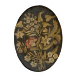 A REGENCY EMBROIDERED SILK OVAL PICTURE OF FLOWERS, 23 X 17CM