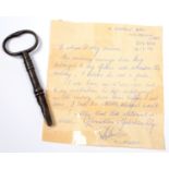 RAILWAYANA. A RAILWAY GUARD'S STEEL CARRIAGE DOOR KEY WITH LETTER OF PROVENANCE TO THE LANCASHIRE