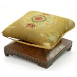 A VICTORIAN INLAID ROSEWOOD FOOT STOOL WITH WOOLWORK TOP, 18CM H X 28CM W