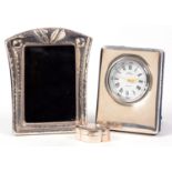 AN ELIZABETH II SILVER MOUNTED TIMEPIECE, 6.5 X 5 CM, SHEFFIELD 1996, A SILVER PHOTOGRAPH FRAME, 8.5