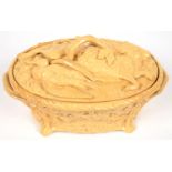 A MINTON'S GLAZED EARTHENWARE BASKET MOULDED OVAL GAME PIE DISH, COVER AND LINER, 33CM OVER HANDLES,