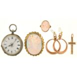 A VICTORIAN ENGRAVED CROSS IN GOLD, A SHELL CAMEO RING IN GOLD, SIZE N½, A PAIR OF GOLD EARRINGS,