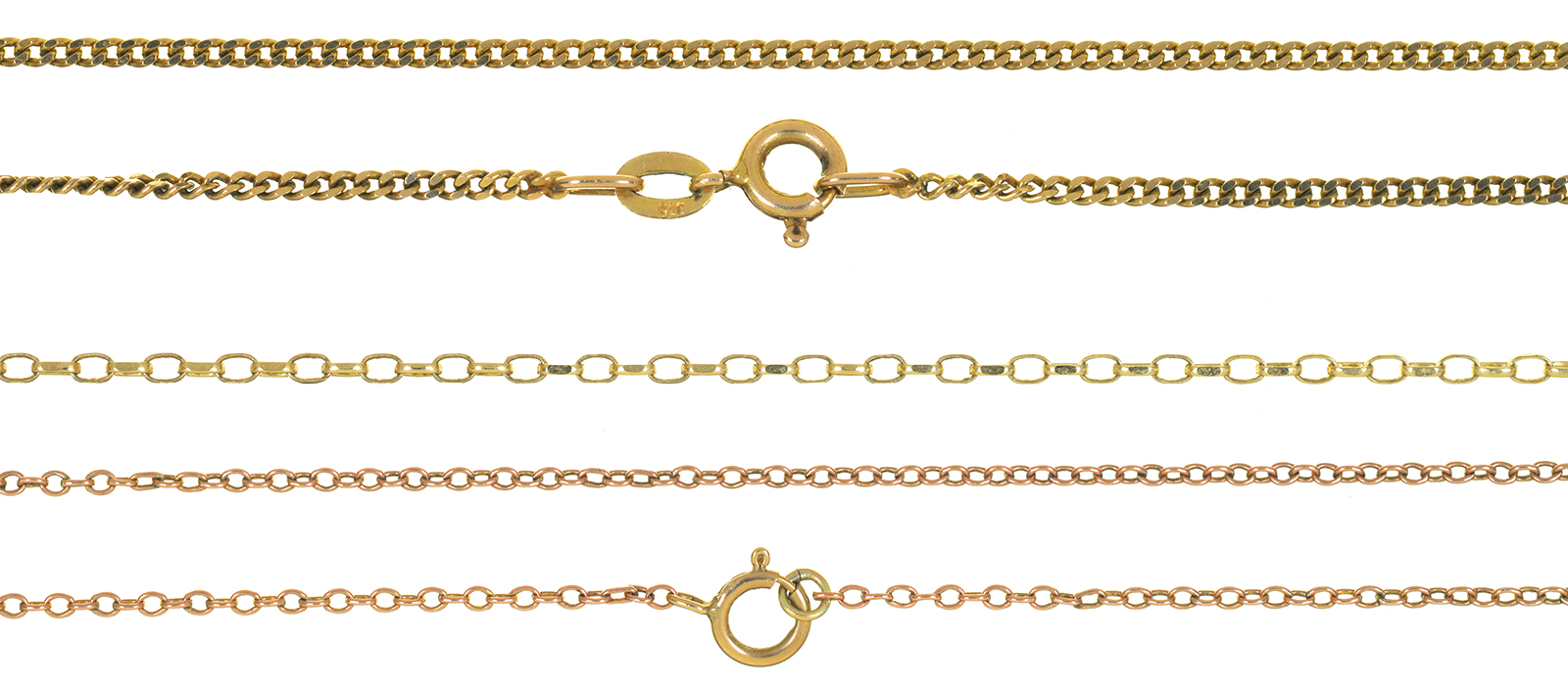 THREE GOLD FINE CHAINS, MARKED 9K OR 375, 7G