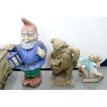 THREE RECONSTITUTED STONE GARDEN GNOMES, 90CM H AND SMALLER