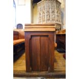 A Victorian pine pew with doubled paneled back and prayer book shelf to the reverse, 83cm high,