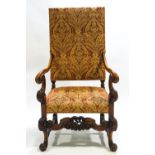 A carved hardwood Daniel Marot style armchair with upholstered rectangular back