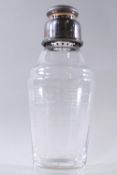 An art deco glass and plate cocktail shaker, the body acid etched,