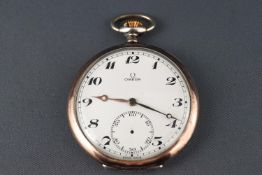 A open face pocket watch, signed Omega with white ceramic dial and gilt hands. Case 800 silver.