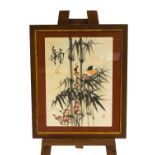 20th century Japanese School, bird on bamboo and flowers, watercolour,