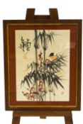 20th century Japanese School, bird on bamboo and flowers, watercolour,