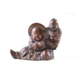 A Japanese bronze figure of a child and a baby crying,