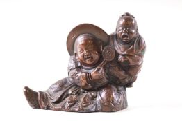 A Japanese bronze figure of a child and a baby crying,