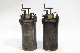 A pair of metal Aerograph de Vilbliss compressors with internal rotating paddles, BS1101:1958,