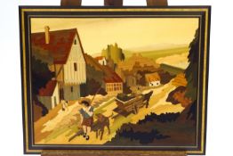 An Italian marquetry wall panel of a rural street scene,