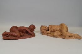 Ron Olley, A terracotta figure of a reclining female nude, 33cm and another,