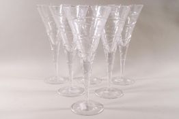 A set of six "Hookes" cut glass champagne glasses of flared form, boxed,