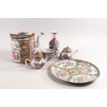 A group of assorted Cantonese famille rose porcelain with vignettes of courtiers,
