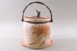 A Locke and Co Worcester biscuit barrel, in the form of a flour sack, with plated handle and lid,