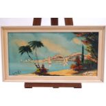 Tropical harbour scene, oil on canvas, signed indistinctly lower left,