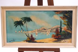 Tropical harbour scene, oil on canvas, signed indistinctly lower left,