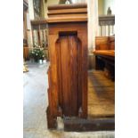 A Victorian pine pew front with prayer book shelf 83cm high, 177cm wide,
