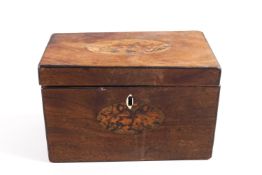 A mahogany rectangular form two compartment tea caddy, the top and front inlaid with shell motifs,