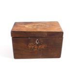 A mahogany rectangular form two compartment tea caddy, the top and front inlaid with shell motifs,