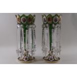 A pair of very fine 19th century Bohemian opaline and green glass overlay lustres,