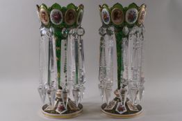 A pair of very fine 19th century Bohemian opaline and green glass overlay lustres,