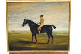 After John Frederick Herring, Racehorse with jockey up in a rural landscape, oil on canvas,