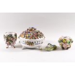 A Continental hard paste porcelain pot pourri dish on three legs,