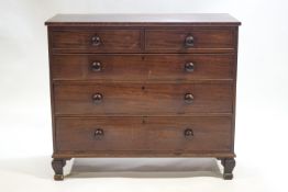 A Victorian plain rectangular mahogany chest of two short and three long drawers,
